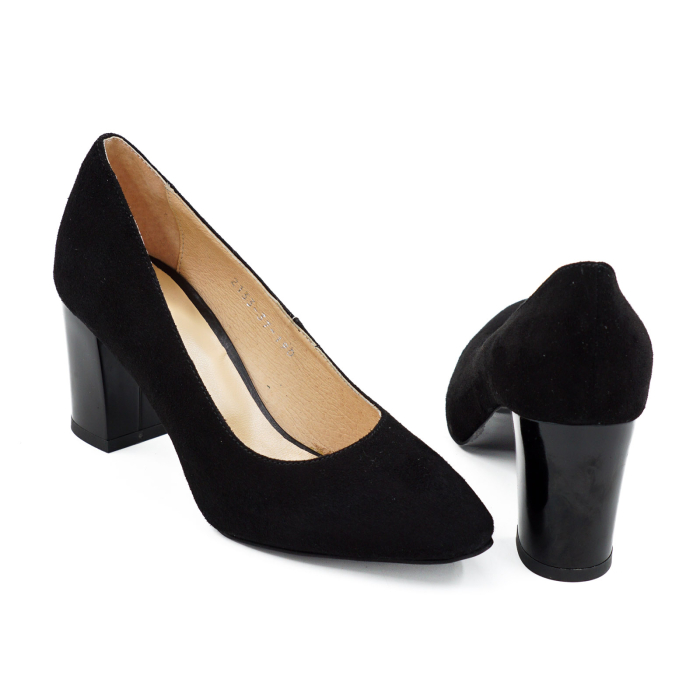 Pantofi dama din piele naturala intoarsa neagra, cu varf ascutit si toc mediu gros de 7 cm 0449-7-26 [5]