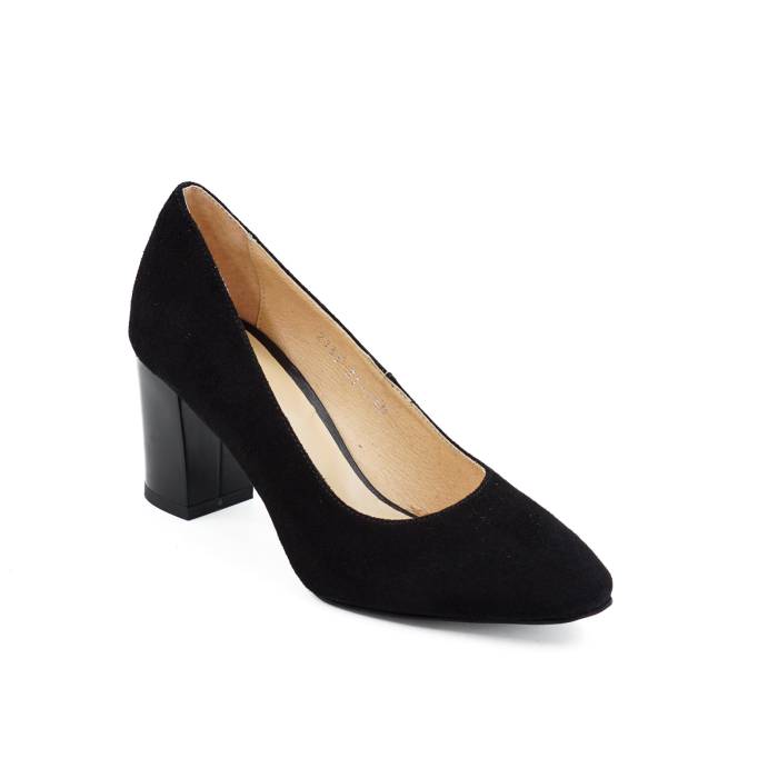 Pantofi dama din piele naturala intoarsa neagra, cu varf ascutit si toc mediu gros de 7 cm 0449-7-26 [2]