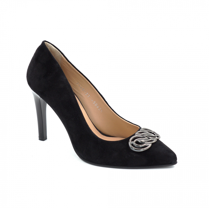 Pantofi dama din piele naturala intoarsa neagra cu varf ascutit stiletto si toc inalt subtire 9 cm 50625-2-25 [5]
