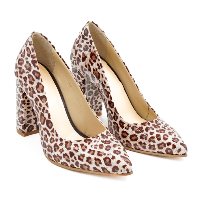 Pantofi dama din piele naturala lacuita cu imprimeu leopard, cu varf ascutit stiletto si toc inalt gros imbracat 9 cm 9557-6-25 [3]
