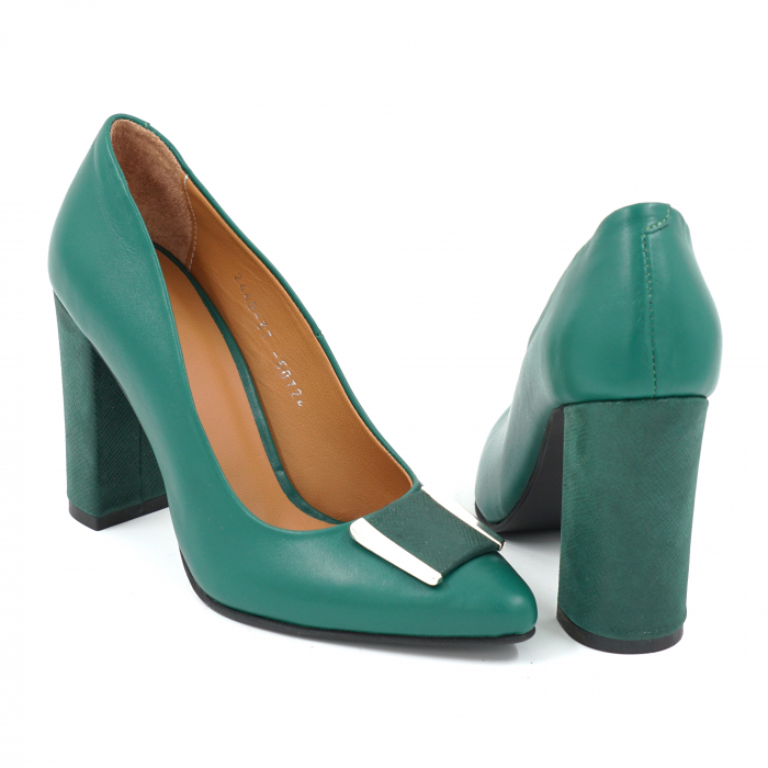 Pantofi dama din piele naturala verde menta si cu imprimeu verde sidefat cu varf ascutit stiletto si toc inalt gros imbracat de  9 cm 50724-25 [3]