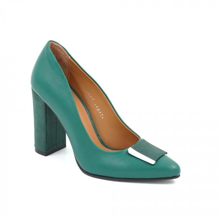Pantofi dama din piele naturala verde menta si cu imprimeu verde sidefat cu varf ascutit stiletto si toc inalt gros imbracat de  9 cm 50724-25 [5]
