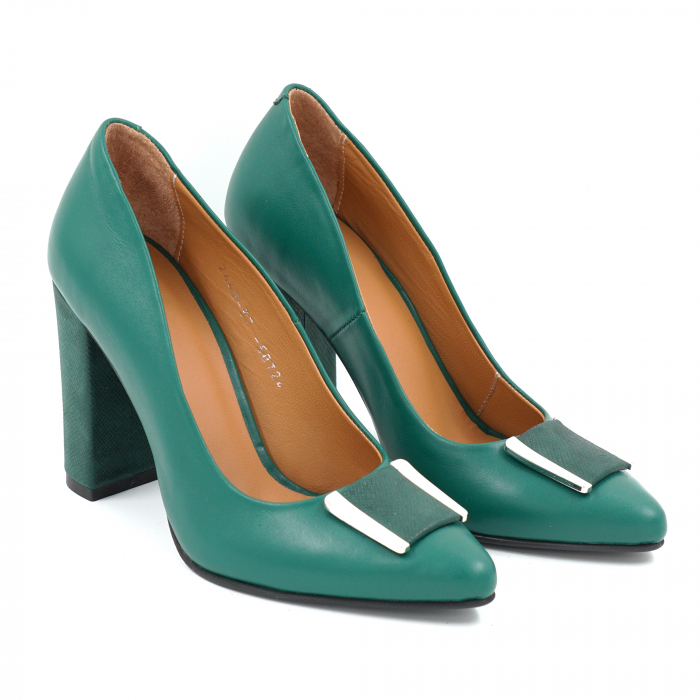 Pantofi dama din piele naturala verde menta si cu imprimeu verde sidefat cu varf ascutit stiletto si toc inalt gros imbracat de  9 cm 50724-25 [2]