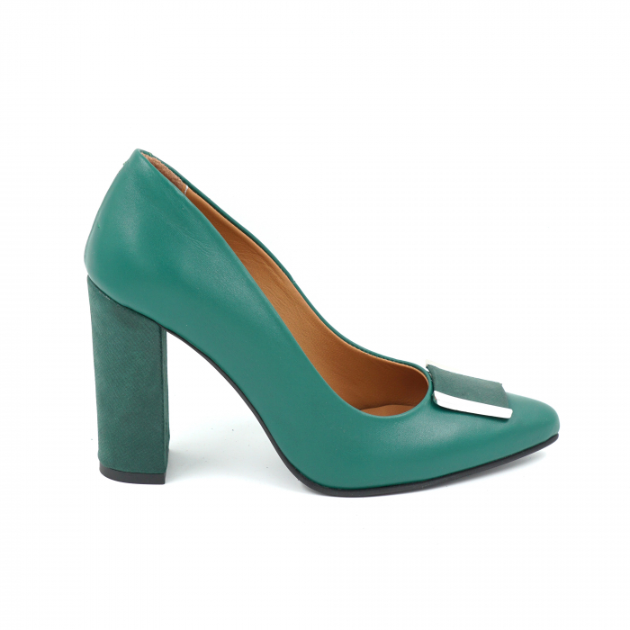 Pantofi dama din piele naturala verde menta si cu imprimeu verde sidefat cu varf ascutit stiletto si toc inalt gros imbracat de  9 cm 50724-25 [4]