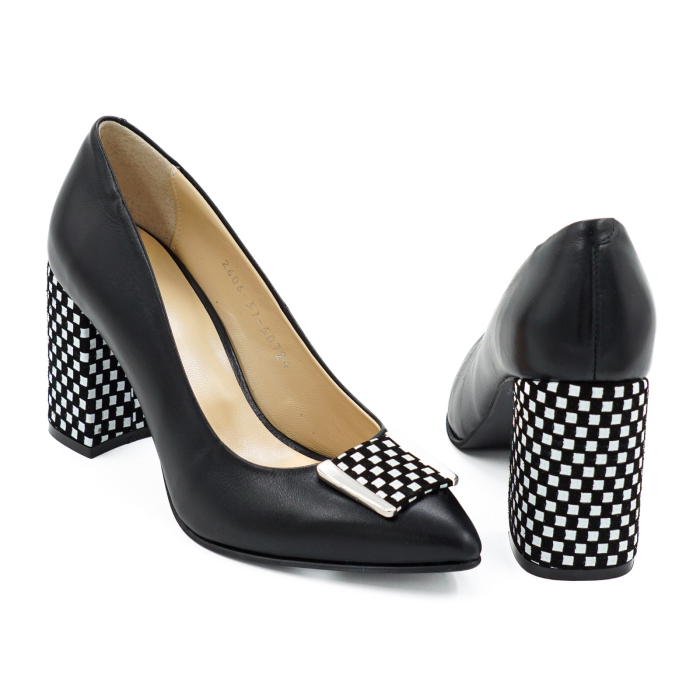 Pantofi dama din piele naturala neagra si cu patrate albe, cu varf ascutit stiletto si toc mediu gros imbracat de 8 cm 50724-1-26 [5]