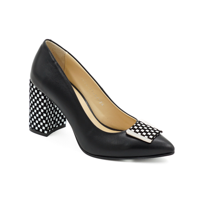 Pantofi dama din piele naturala neagra si cu patrate albe, cu varf ascutit stiletto si toc mediu gros imbracat de 8 cm 50724-1-26 [3]