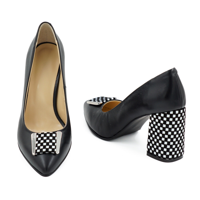 Pantofi dama din piele naturala neagra si cu patrate albe, cu varf ascutit stiletto si toc mediu gros imbracat de 8 cm 50724-1-26 [6]
