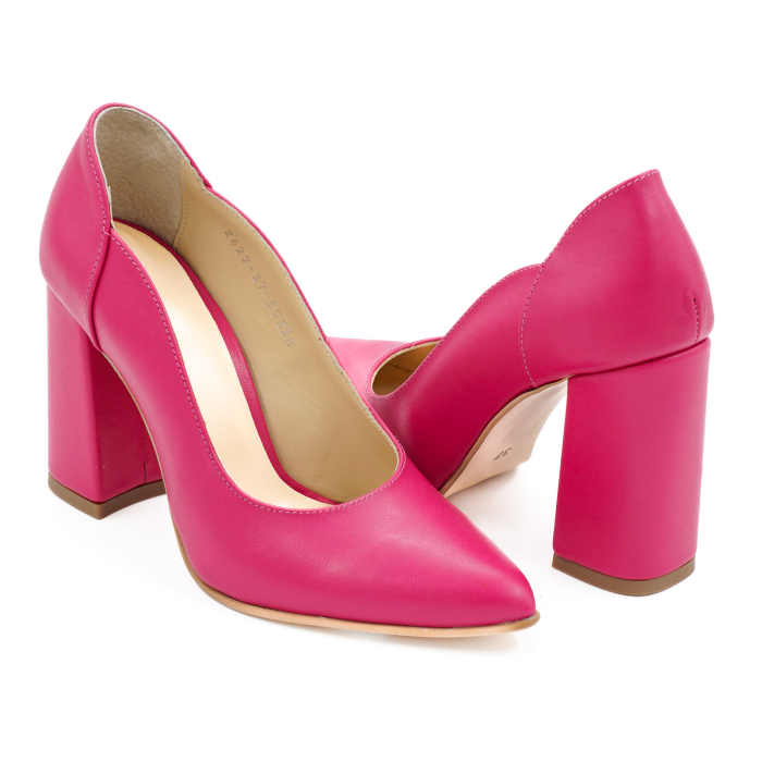 Pantofi dama din piele naturala fucsia, cu varf ascutit stiletto si toc inalt gros imbracat de 9 cm 59320-1-26 [4]