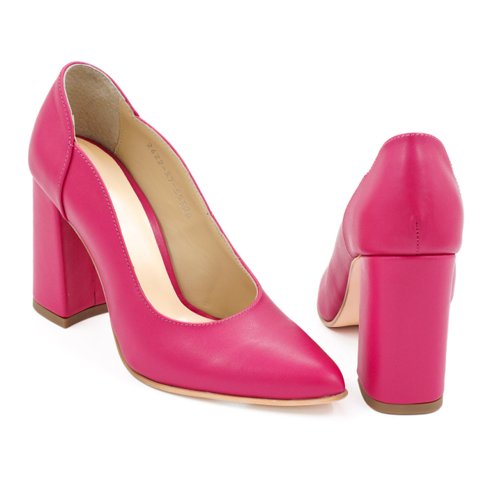 Pantofi dama din piele naturala fucsia, cu varf ascutit stiletto si toc inalt gros imbracat de 9 cm 59320-1-26 [5]