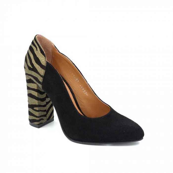 Pantofi dama din piele naturala intoarsa neagra si cu imprimeu zebra negru cu dungi aurii cu varf ascutit si toc inalt gros imbracat de 9 cm 59320-25 [2]