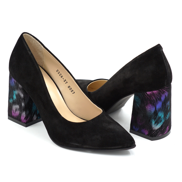 Pantofi dama din piele naturala intoarsa negru cu varf ascutit si toc imbracat de 8 cm 8057-13-25 [2]