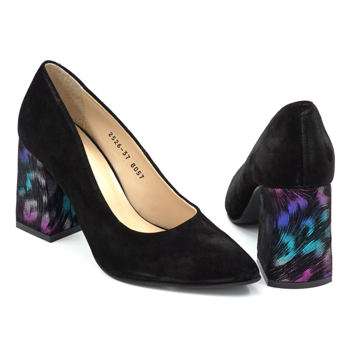 Pantofi dama din piele naturala intoarsa negru cu varf ascutit si toc imbracat de 8 cm 8057-13-25 [3]