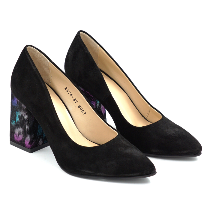 Pantofi dama din piele naturala intoarsa negru cu varf ascutit si toc imbracat de 8 cm 8057-13-25 [4]