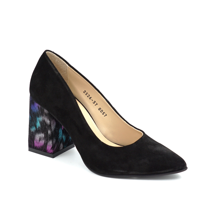 Pantofi dama din piele naturala intoarsa negru cu varf ascutit si toc imbracat de 8 cm 8057-13-25 [5]