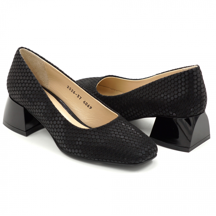Pantofi dama din piele naturala neagra cu imprimeu buline cu varf patrat si toc mic gros de 4 cm 4069-2-25 [4]