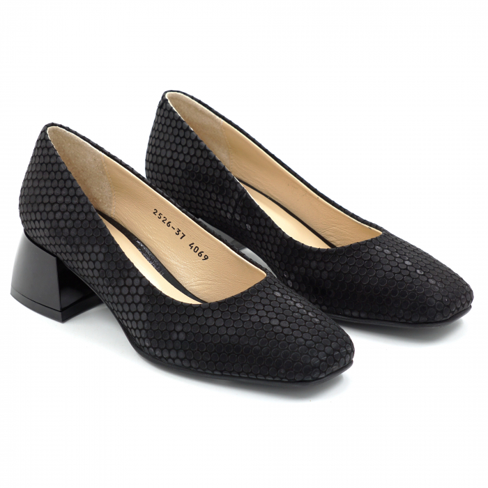Pantofi dama din piele naturala neagra cu imprimeu buline cu varf patrat si toc mic gros de 4 cm 4069-2-25 [3]