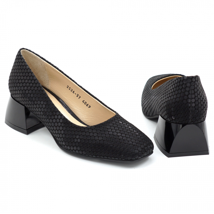 Pantofi dama din piele naturala neagra cu imprimeu buline cu varf patrat si toc mic gros de 4 cm 4069-2-25 [5]