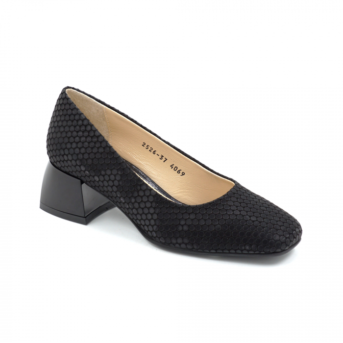 Pantofi dama din piele naturala neagra cu imprimeu buline cu varf patrat si toc mic gros de 4 cm 4069-2-25 [2]
