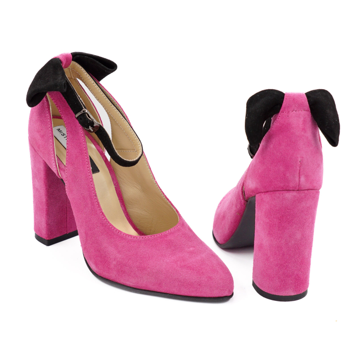 Pantofi dama din piele naturala intoarsa roz fucsia, cu varf ascutit si toc inalt gros imbracat 9 cm 50719-26 [5]
