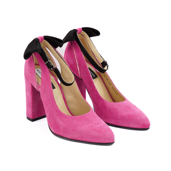 Pantofi dama din piele naturala intoarsa roz fucsia, cu varf ascutit si toc inalt gros imbracat 9 cm 50719-26 [4]