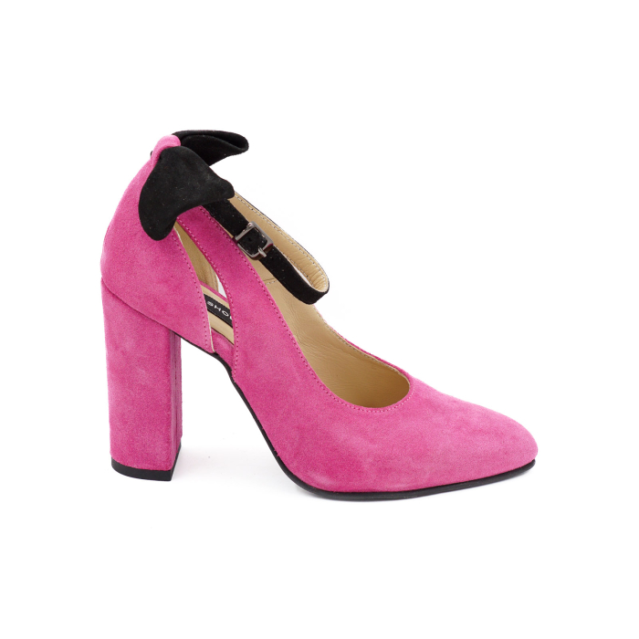 Pantofi dama din piele naturala intoarsa roz fucsia, cu varf ascutit si toc inalt gros imbracat 9 cm 50719-26 [2]