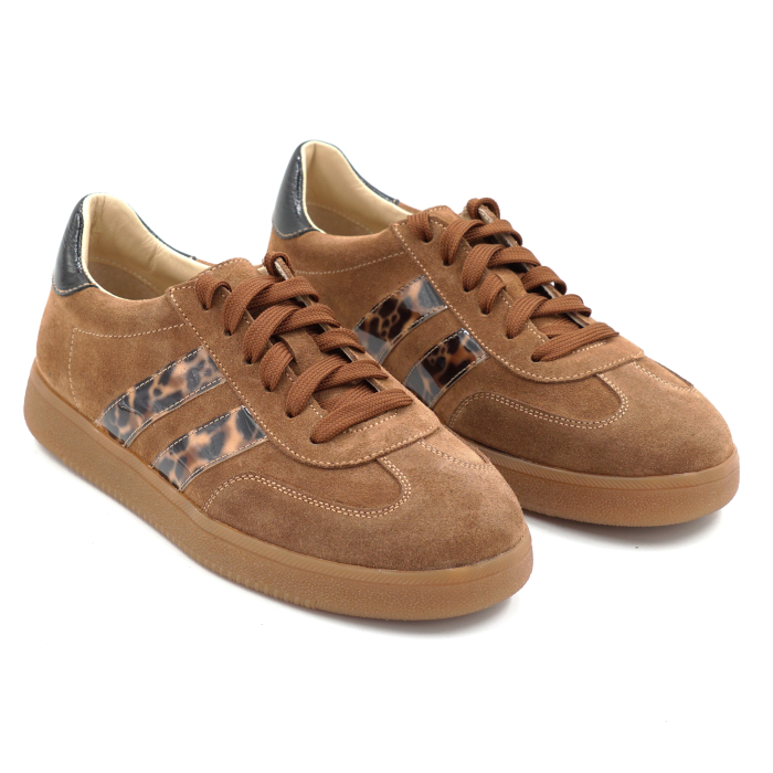 Pantofi dama tip adidas din piele naturala intoarsa maro coniac si cu imprimeu leopard cu varf rotund si talpa de 2 cm 50326-1-26 [3]