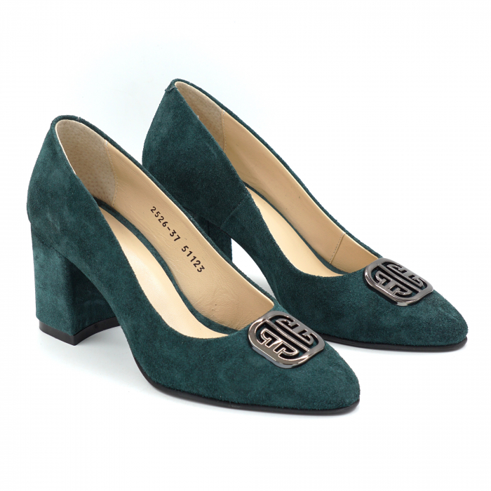Pantofi dama din piele naturala intoarsa verde smarald cu varf ascutit si toc mic gros imbracat de 6 cm 51123-25 [4]