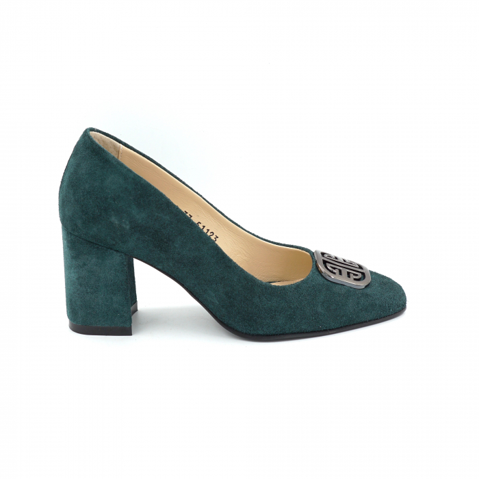 Pantofi dama din piele naturala intoarsa verde smarald cu varf ascutit si toc mic gros imbracat de 6 cm 51123-25 [2]
