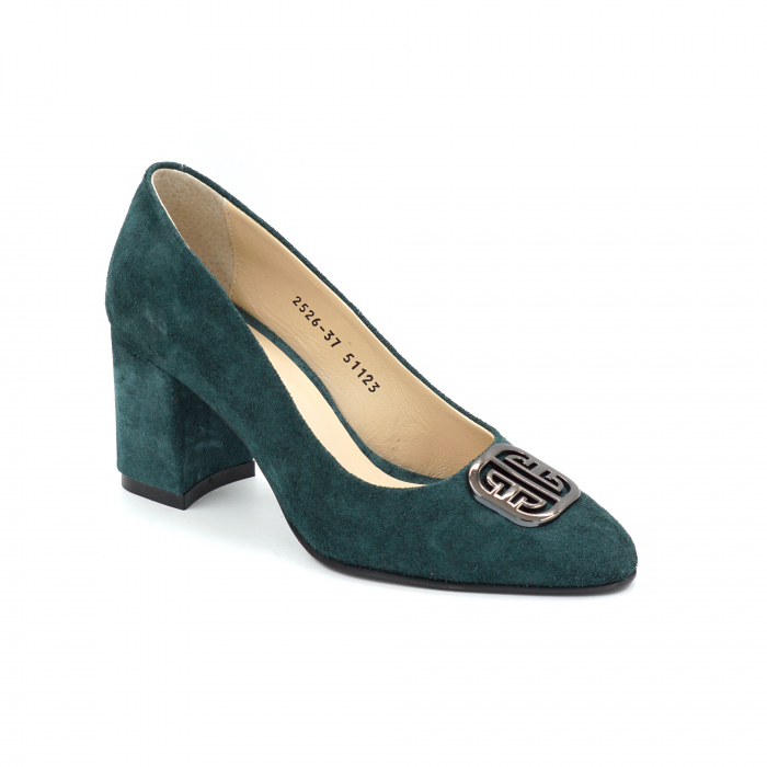 Pantofi dama din piele naturala intoarsa verde smarald cu varf ascutit si toc mic gros imbracat de 6 cm 51123-25 [3]