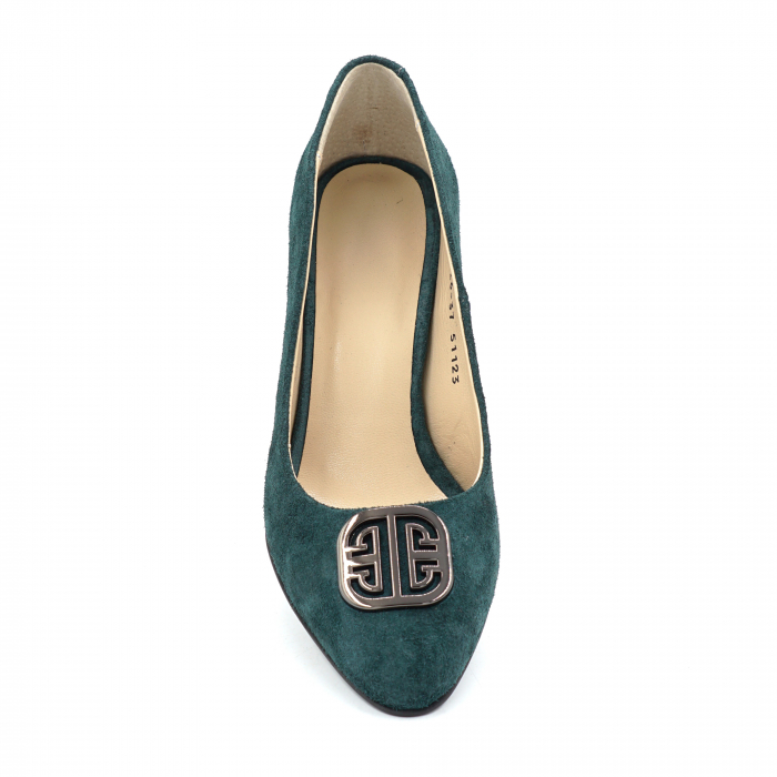 Pantofi dama din piele naturala intoarsa verde smarald cu varf ascutit si toc mic gros imbracat de 6 cm 51123-25 [6]