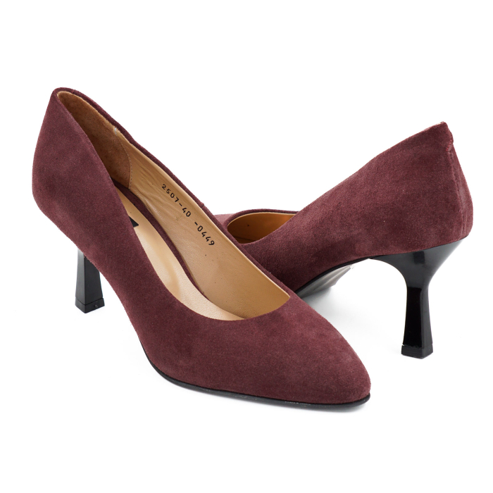 Pantofi dama din piele naturala intoarsa visinie, cu varf ascutit si toc mediu subtire de 7 cm 0449-10-26 [4]