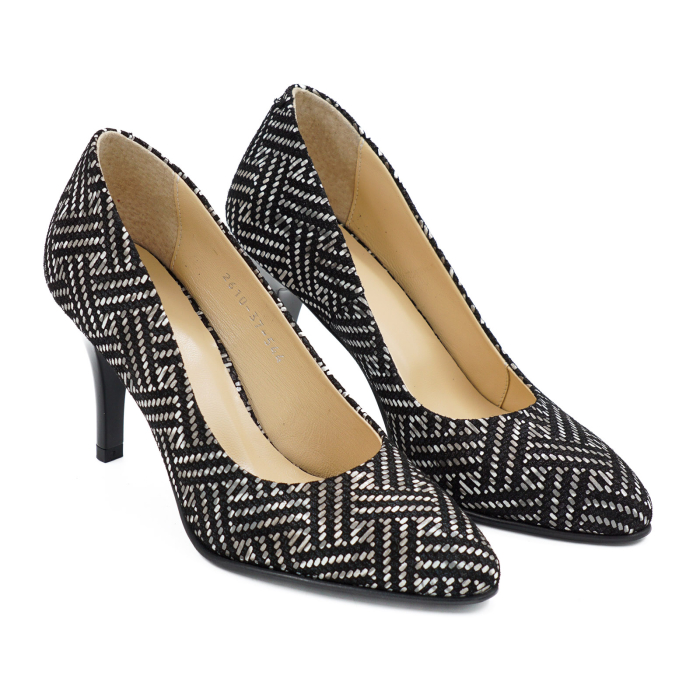 Pantofi dama din piele naturala neagra cu imprimeu, cu varf ascutit si toc mediu subtire de 7 cm 0449-14-26 [3]