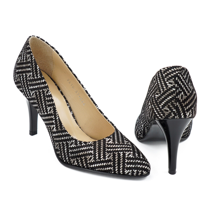 Pantofi dama din piele naturala neagra cu imprimeu, cu varf ascutit si toc mediu subtire de 7 cm 0449-14-26 [5]