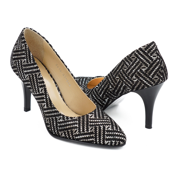 Pantofi dama din piele naturala neagra cu imprimeu, cu varf ascutit si toc mediu subtire de 7 cm 0449-14-26 [4]