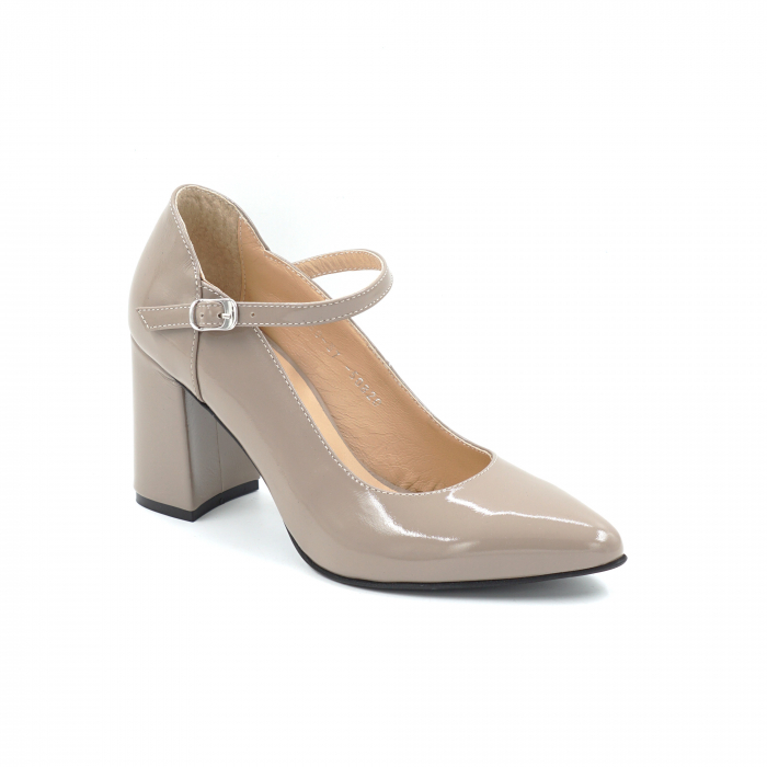 Pantofi dama din piele naturala lacuita grej cu varf ascutit stileto si toc mediu gros imbracat 8 cm 50820-4-25 [2]