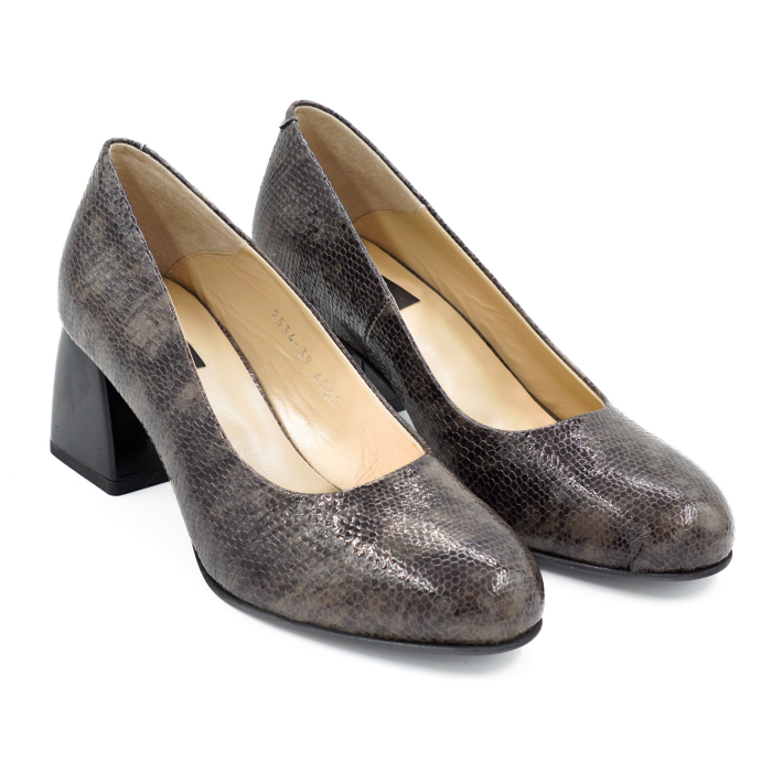 Pantofi dama din piele naturala lacuita croco maro, cu varf rotund si toc mic gros de 6 cm 6055-26 [3]