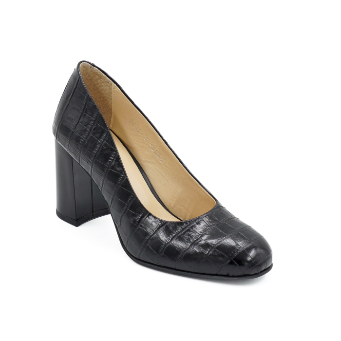 Pantofi dama din piele naturala croco negru, cu varf rotund si toc mediu gros 8 cm 8065-1-26 [2]