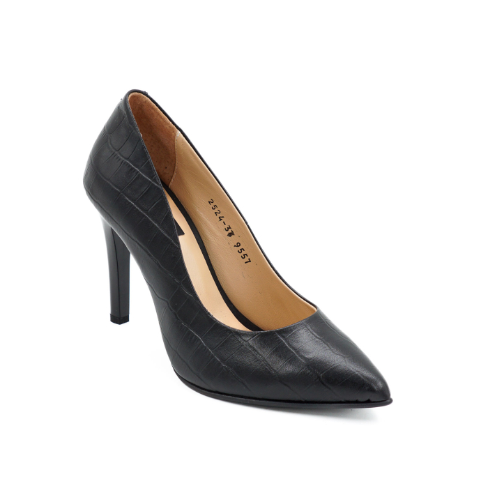 Pantofi dama din piele naturala croco negru, cu varf ascutit stiletto si toc inalt subtire 9 cm 9557-19-26 [2]