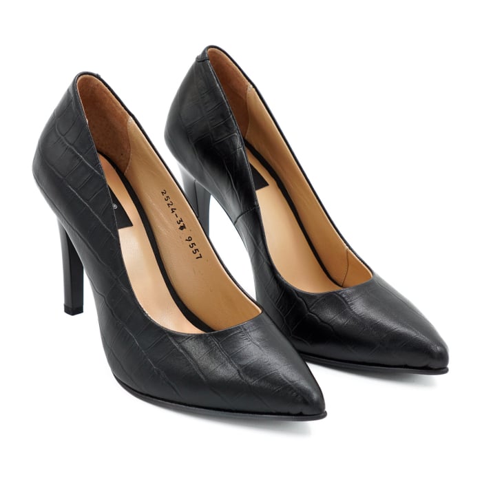 Pantofi dama din piele naturala croco negru, cu varf ascutit stiletto si toc inalt subtire 9 cm 9557-19-26 [3]
