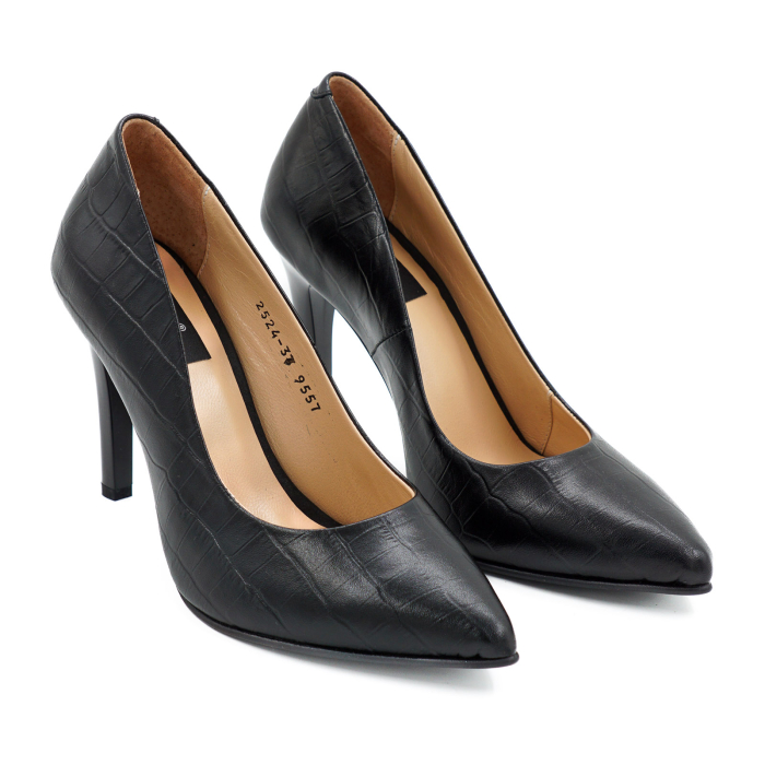 Pantofi dama din piele naturala croco negru, cu varf ascutit stiletto si toc inalt subtire 9 cm 9557-19-26 [3]