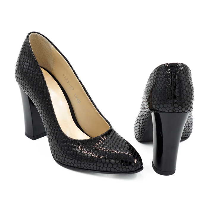 Pantofi dama din piele naturala lacuita croco negru, cu varf ascutit si toc inalt gros de 9 cm 1040-1-26 [5]