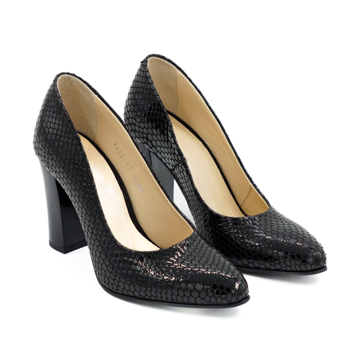 Pantofi dama din piele naturala lacuita croco negru, cu varf ascutit si toc inalt gros de 9 cm 1040-1-26 [3]