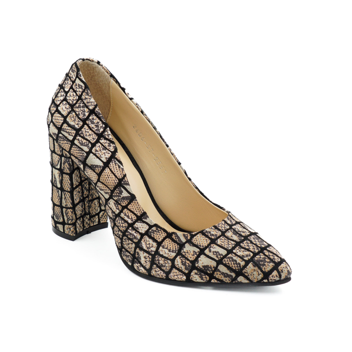 Pantofi dama din piele naturala neagra cu imprimeu animalp print, cu varf ascutit stiletto si toc inalt gros imbracat 9 cm 9557-7-25 [2]