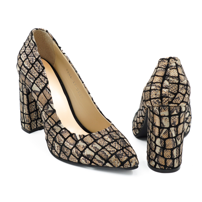 Pantofi dama din piele naturala neagra cu imprimeu animalp print, cu varf ascutit stiletto si toc inalt gros imbracat 9 cm 9557-7-25 [5]