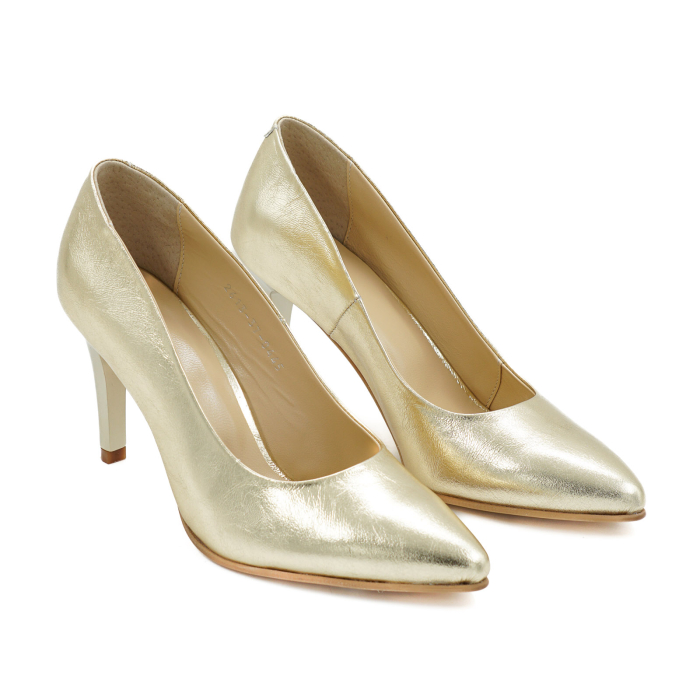 Pantofi dama din piele naturala aurie, cu varf ascutit stiletto si toc mediu subtire de 8 cm 0445-26 [3]