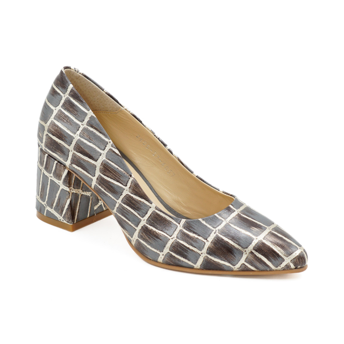 Pantofi dama din piele naturala cu imprimeu croco, cu varf ascutit stiletto si toc mic gros imbracat de 6 cm 6057-10-26 [2]