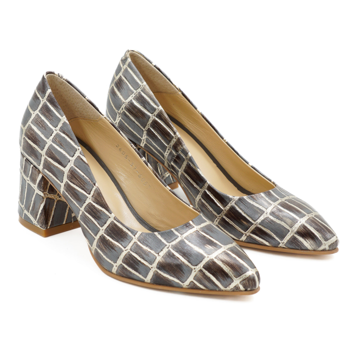 Pantofi dama din piele naturala cu imprimeu croco, cu varf ascutit stiletto si toc mic gros imbracat de 6 cm 6057-10-26 [3]