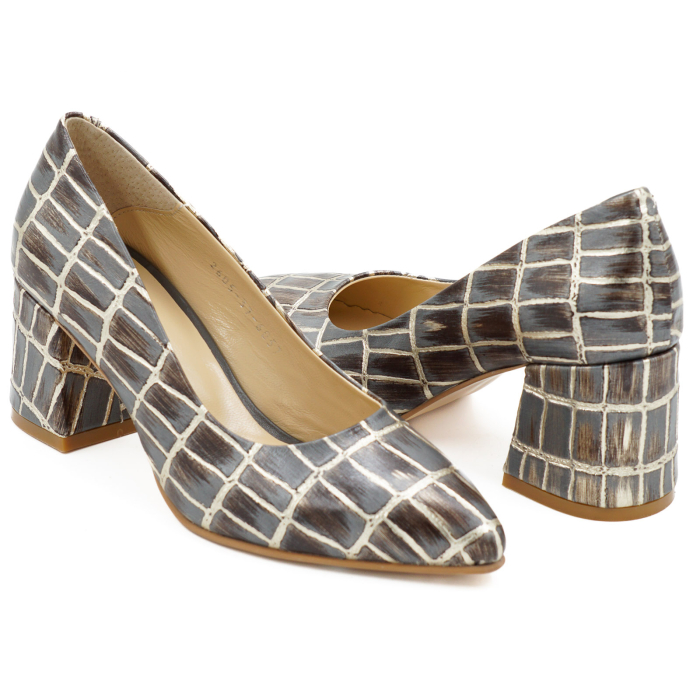 Pantofi dama din piele naturala cu imprimeu croco, cu varf ascutit stiletto si toc mic gros imbracat de 6 cm 6057-10-26 [4]