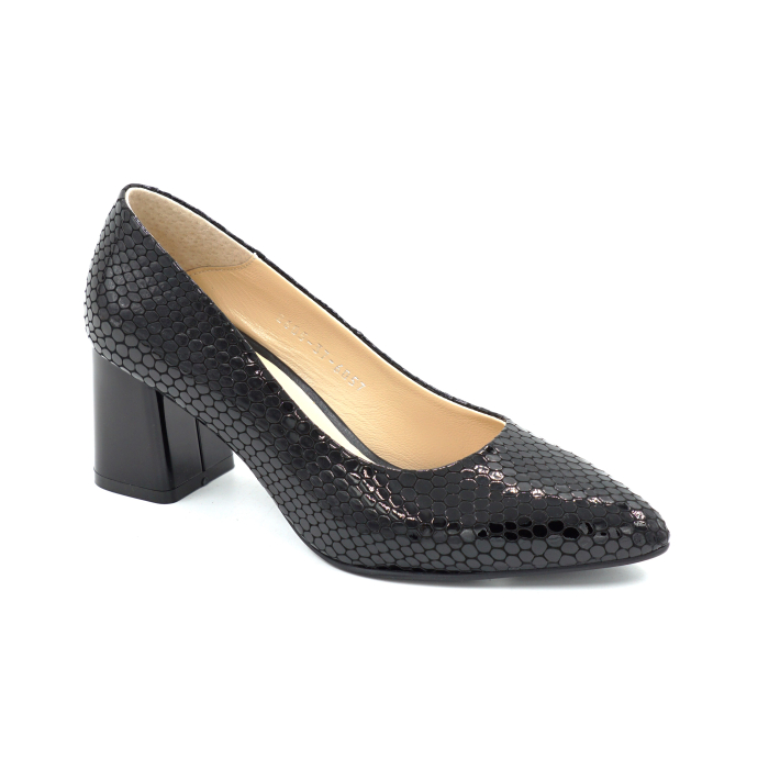 Pantofi dama din piele naturala lacuita croco negru, cu varf ascutit stiletto si toc mic gros  de 6 cm 6057-1-26 [2]