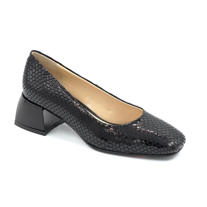 Pantofi dama din piele naturala lacuita croco negru cu varf patrat si toc mic gros de 4 cm 4069-2-26 [2]